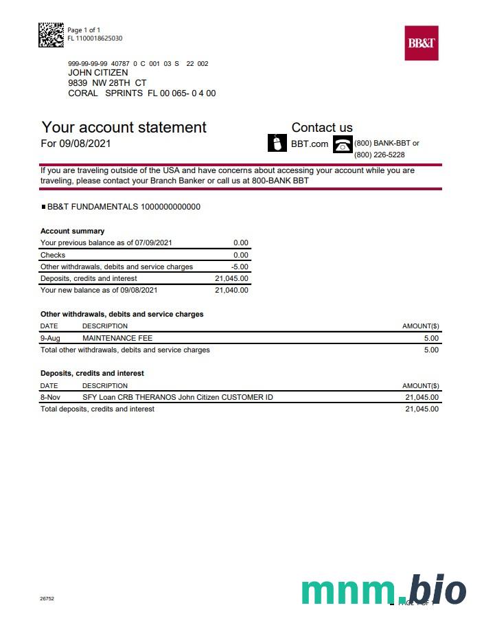 USA North Carolina BB & T Corp. szablon wyciągu z konta bankowego w formacie Excel i PDF